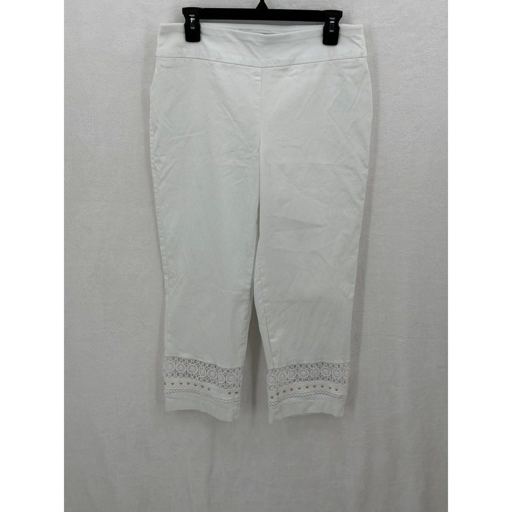 JM Collection Pants Women Medium White Lace Studded Cropped Capri Stretch Summer